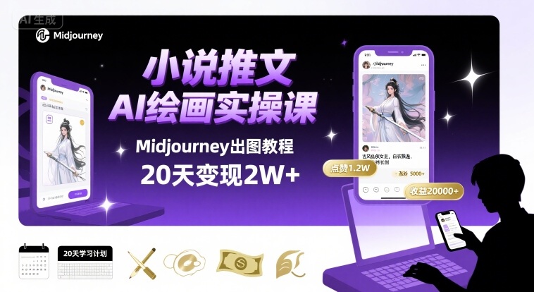 小说推文干货分享之AI绘画MJ出图实操课，用Midjourney做小说推文，20天挣2w-站源网
