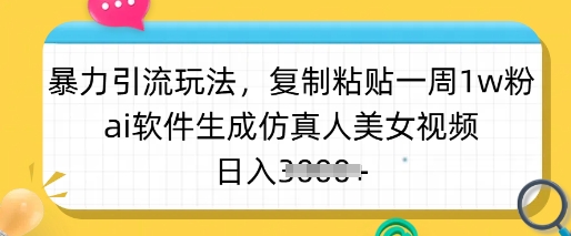 暴力引流玩法，复制粘贴一周1w粉，ai软件生成仿真人美女视频，日入多张-站源网