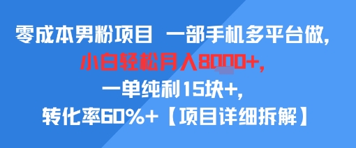 零成本男粉项目 一部手机多平台做，小白轻松月入8k+，一单纯利15块+，转化率60%+【项目拆解】-站源网