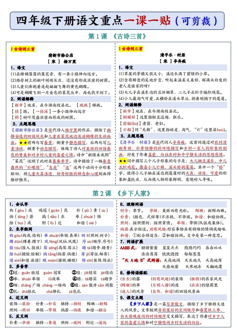 四年级下语文彩色重点一课一贴-站源网