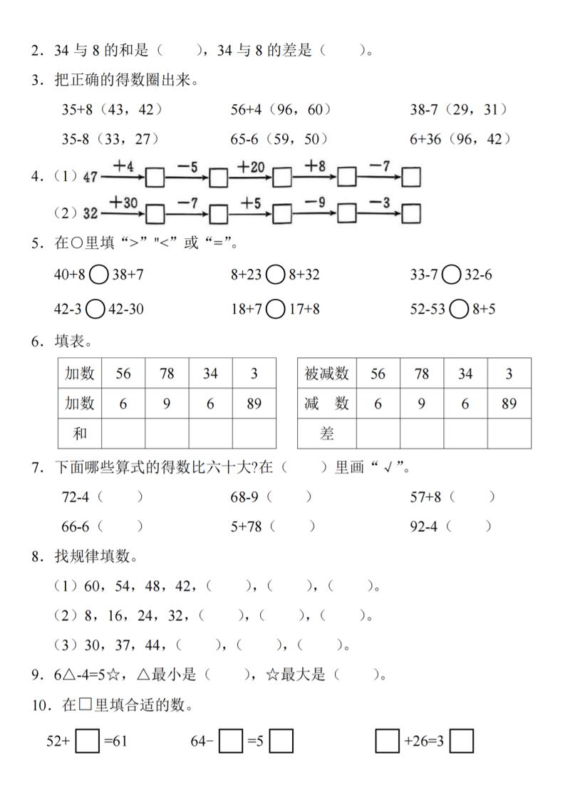 2025春一年级下册数学期中复习-站源网
