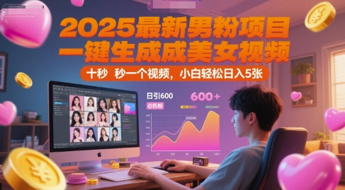 2025最新男粉项目，一键生成美女视频，日引600+色粉 十秒一个视频，小白轻松日入5张【揭秘】-站源网