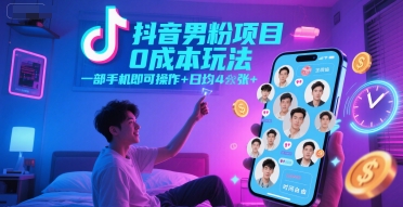 抖音男粉项目0成本玩法，一部手机即可操作，日均4张+，时间自由-站源网