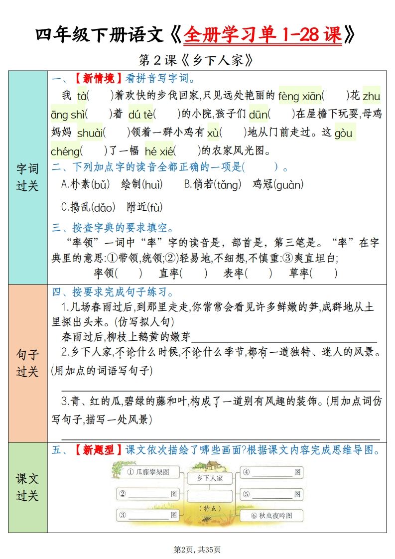 四下语文全册学习单1-28课（过关练35页）-站源网