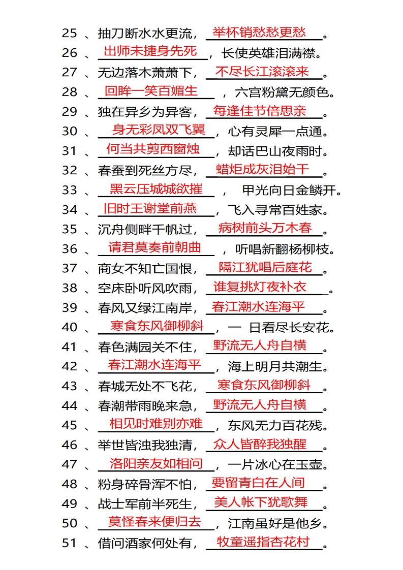 四年级下语文常考古诗词填空100题有答案-站源网