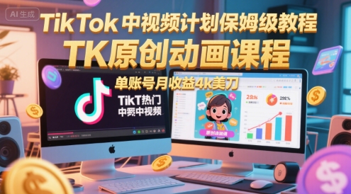 TikTok中视频计划保姆级教程，TK原创动画课程，单账号月收益4k美刀-站源网