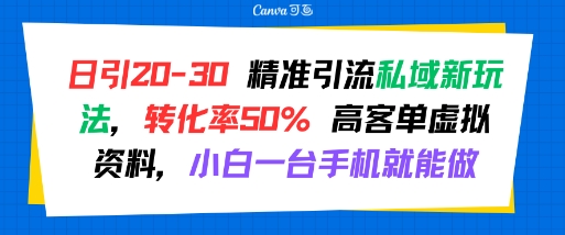 日引 20-30 精准引流私域新玩法，转化率50% 高客单虚拟资料，小白一台手机就能做-站源网