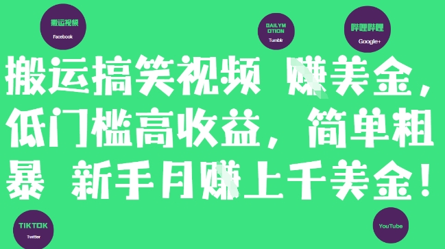 搬运搞笑视频挣美金，低门槛高收益，简单粗暴新手月入上千美刀-站源网