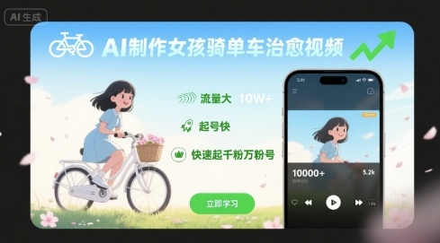 AI制作女孩骑单车治愈视频，流量大，起号快，快速起千粉万粉号-站源网