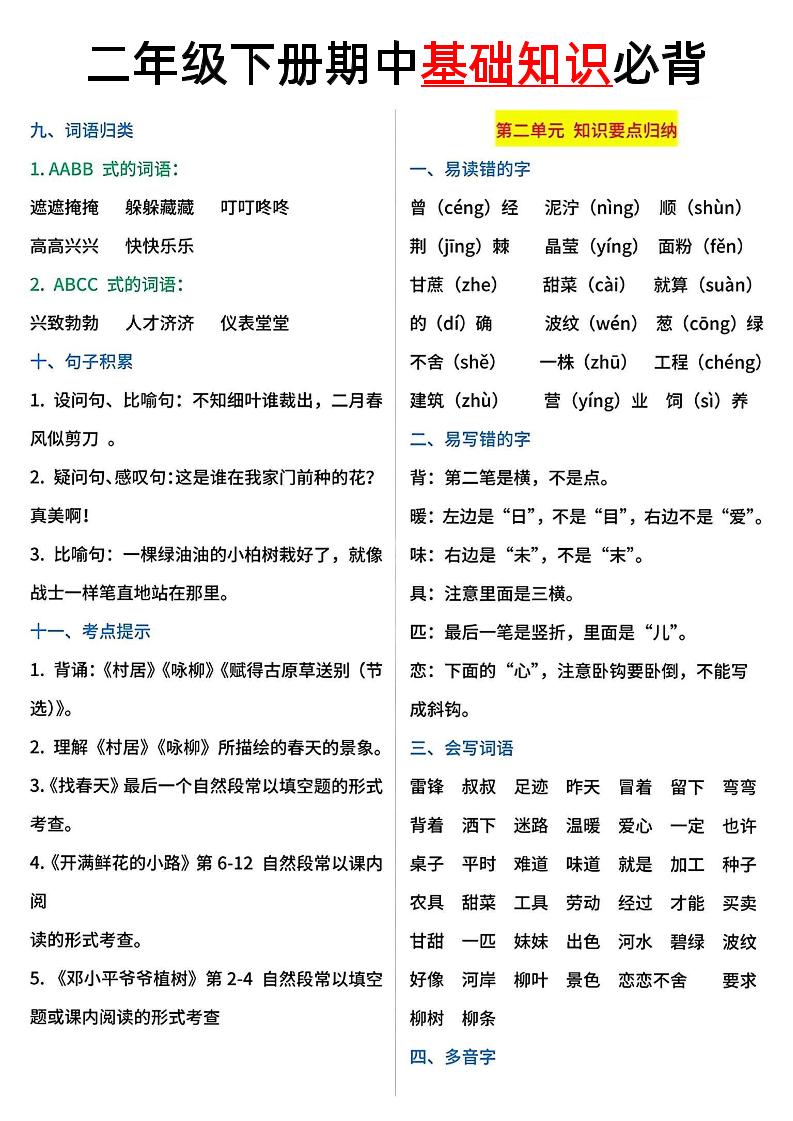 二年级语文下册期中基础知识必背5页-站源网