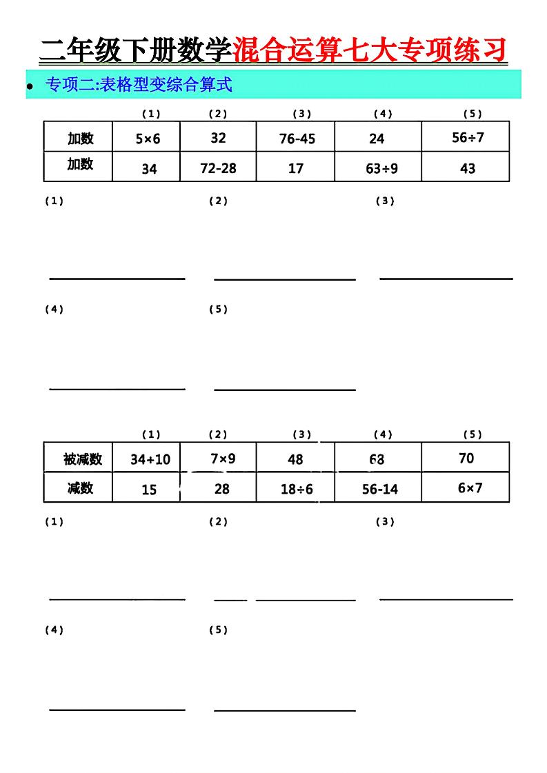二年级下册数学混合运算七大专项练习-站源网