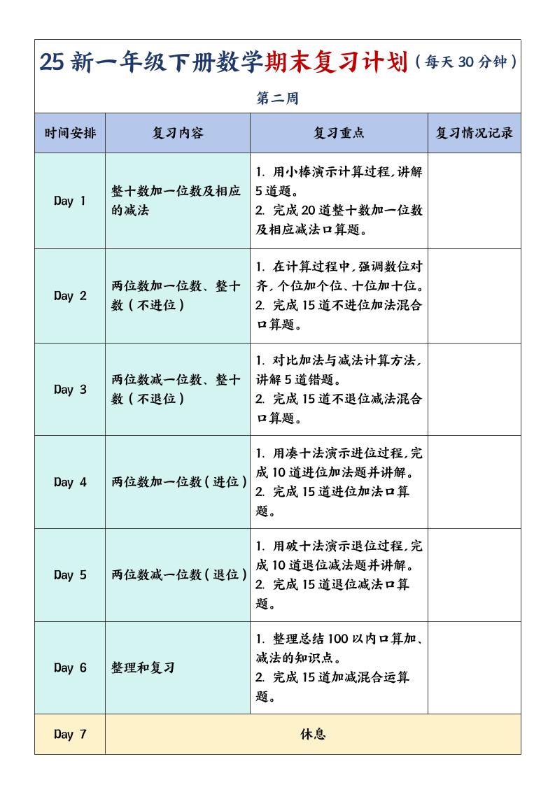 一年级下册数学期末复习计划及单元练习题-站源网