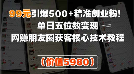 99元引爆500+精准创业粉！单日五位数变现，网创朋友圈获客核心技术教程-站源网