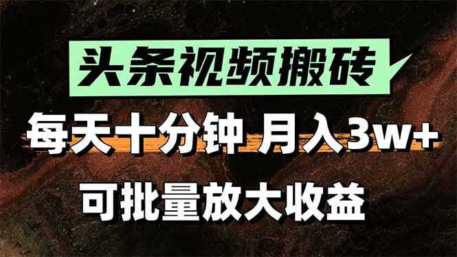 头条视频搬砖，每天10分钟，小白轻松月入3万+，可批量放大收益-站源网