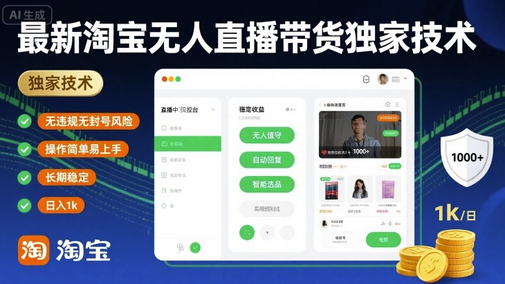 最新淘宝无人直播带货独家技术，无违规无封号风险，操作简单易上手，长期稳定日入1k【揭秘】-站源网