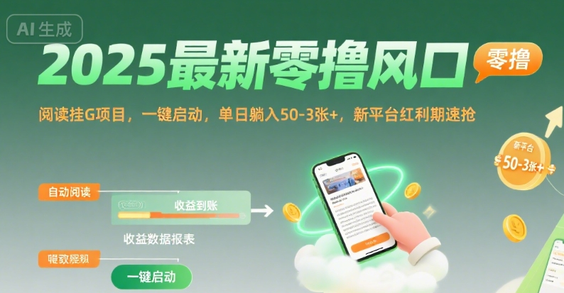 2025最新零撸风口，阅读挂G项目，一键启动，单日躺入 50-3张+，新平台红利期速抢【揭秘】-站源网