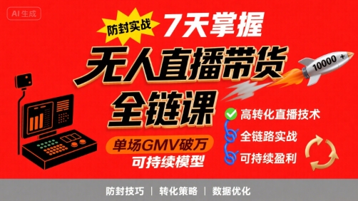 无人直播带货全链防封实战课，7天掌握高转化直播技术，实现单场GMV破万可持续模型-站源网