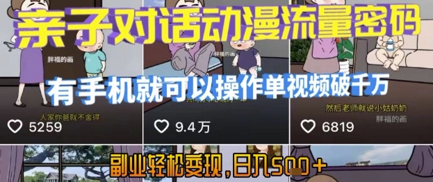 AI引爆短视频，亲子对话动漫流量密码，有手机就可以操作，单视频破千万播放，副业轻松变现，日入5张【揭秘】-站源网
