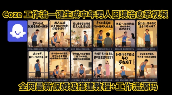 coze工作流一键生成”中年男人困境扎心高涨粉高播放量图文视频”保姆级拆解教程，无需剪辑，无需拍摄写文案-站源网
