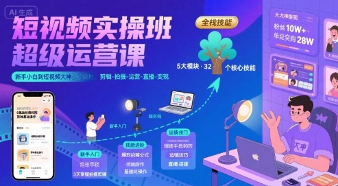 短视频实操班超级运营课，新手小白到短视频大神必修课程，剪辑-拍摄-运营-直播-变现-站源网