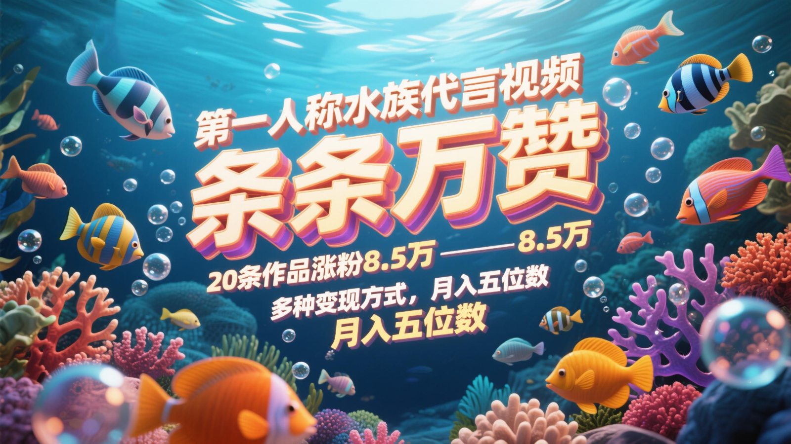 第一人称水族代言视频，条条万赞，20条作品涨粉8.5万，多种变现方式月，入五位数-站源网