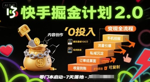 快手掘金计划2.0，快手电商变现全流程，简单可复制，0投入-站源网