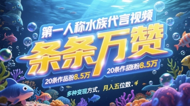 第一人称水族代言视频，条条万赞，20条作品涨粉7.8W，多种变现方式月入五位数-站源网